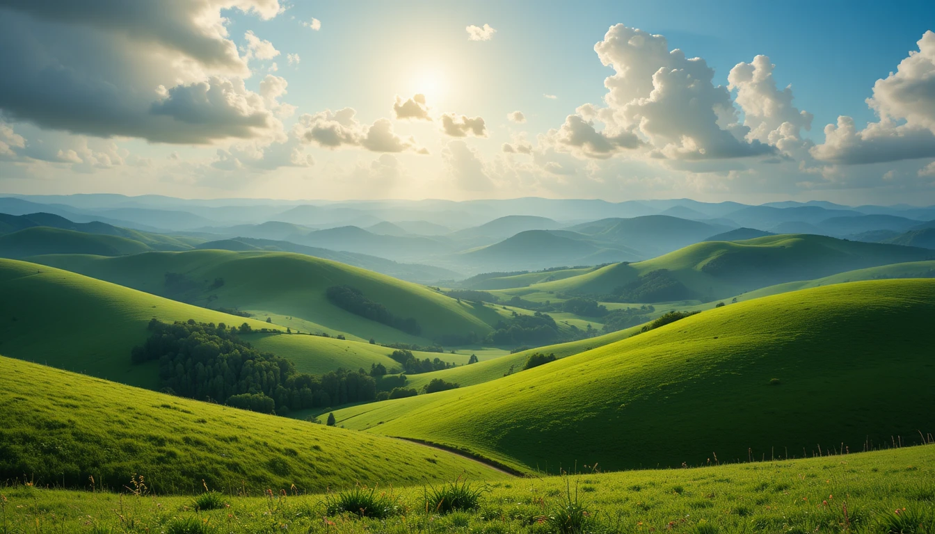 Rolling green hills beneath a glowing bright sky