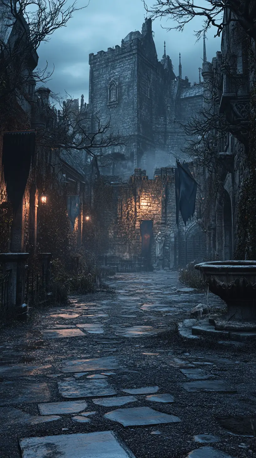 Ominous ruined castle courtyard under cold moonlight