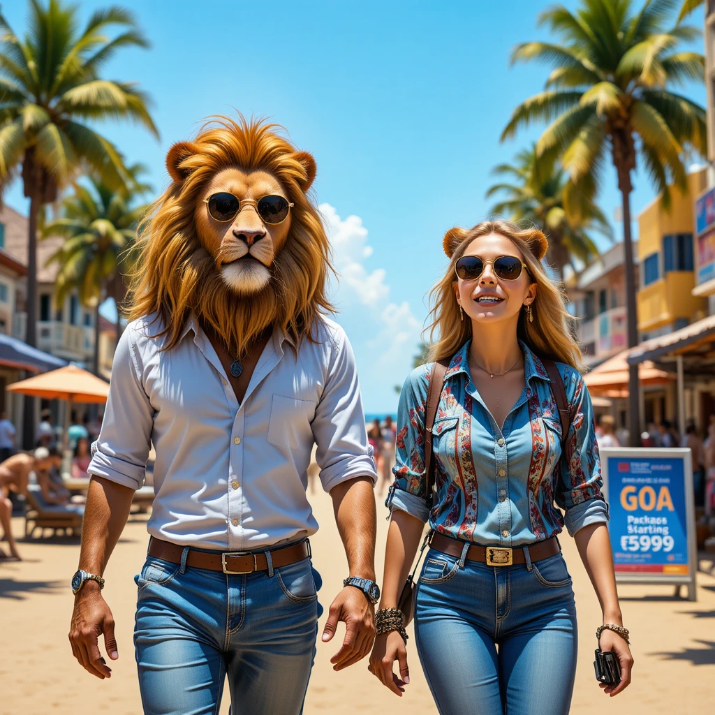 Anthropomorphic lion couple on a sunny Goa beach holiday
