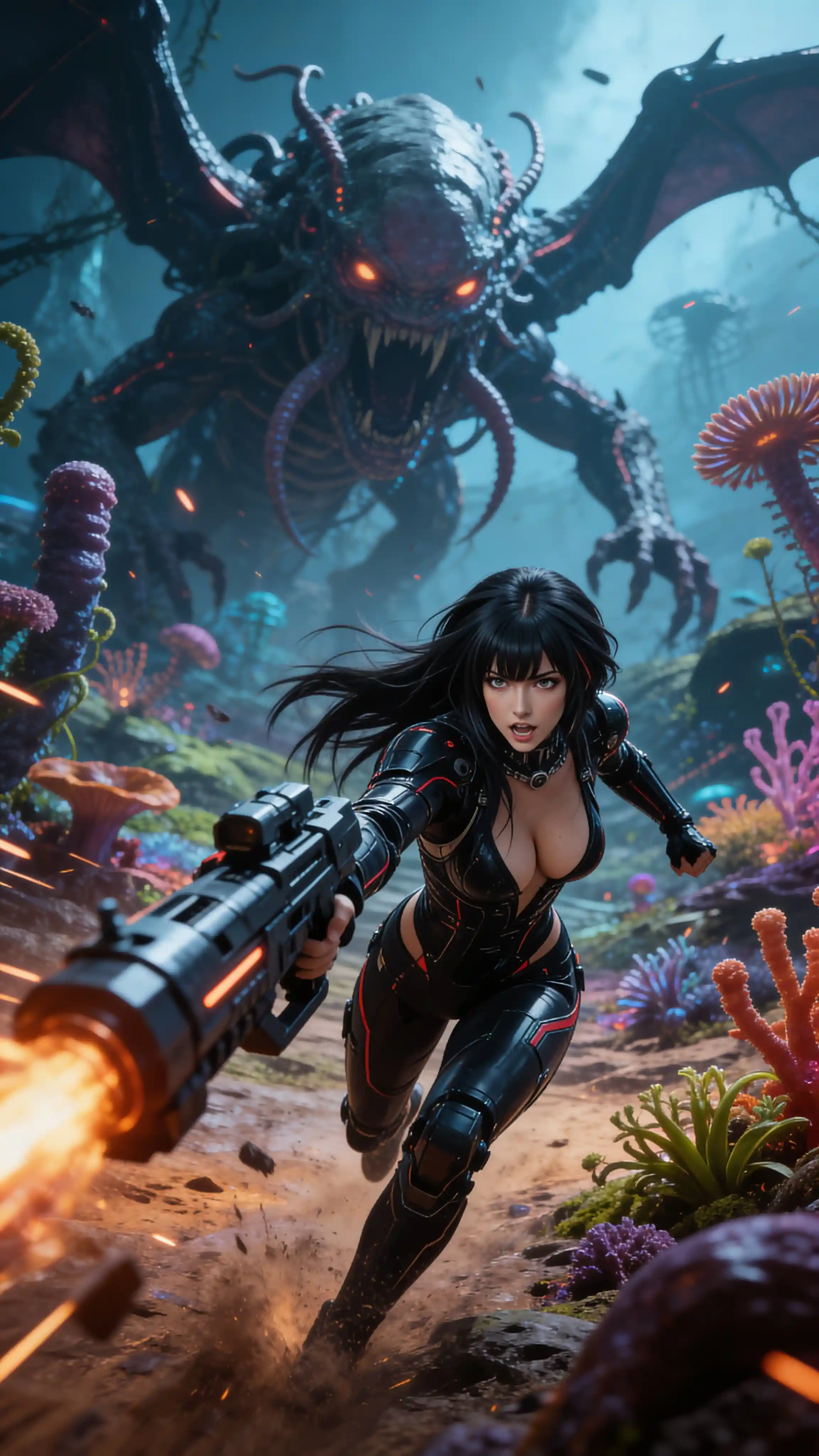 Female sci fi soldier charging through alien battlefield