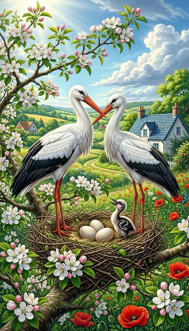 White storks nesting in a sunny countryside scene