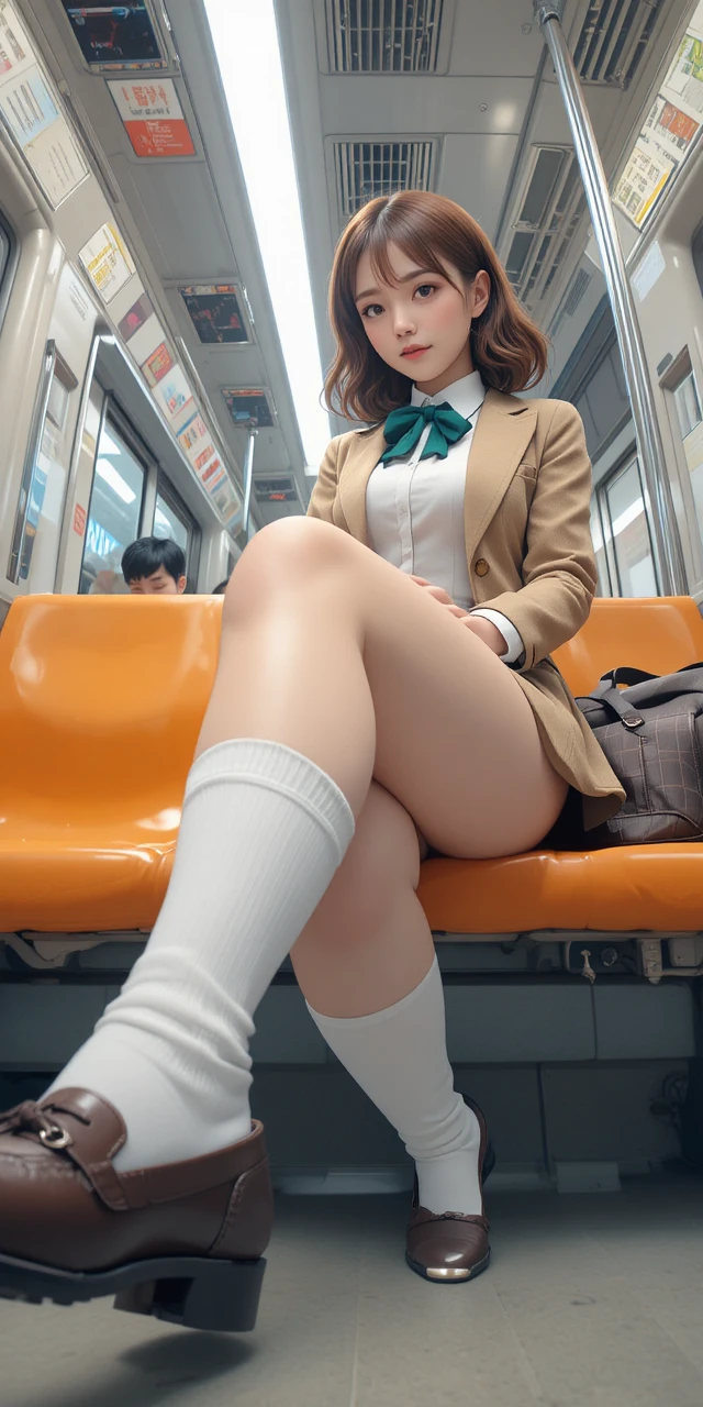 Anime schoolgirl sitting on a train seat low angle view