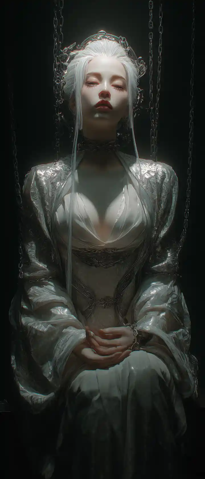 Sad royal maiden chained in a dark fantasy dungeon
