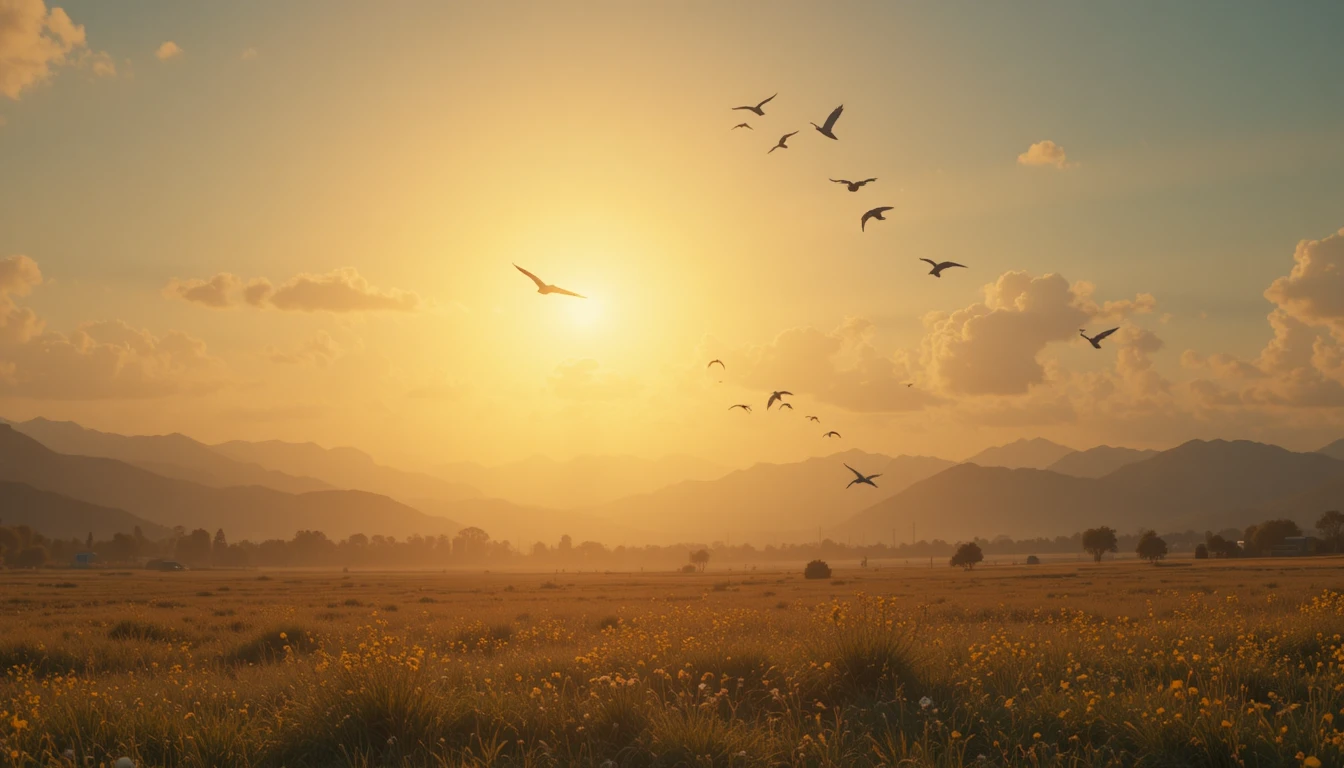 Birds Flying Toward A Bright Golden Sky Horizon