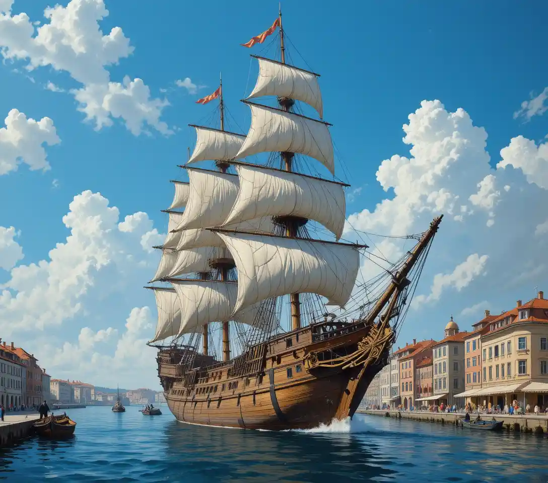 Majestic seventeenth century sailing ship near a renaissance port
