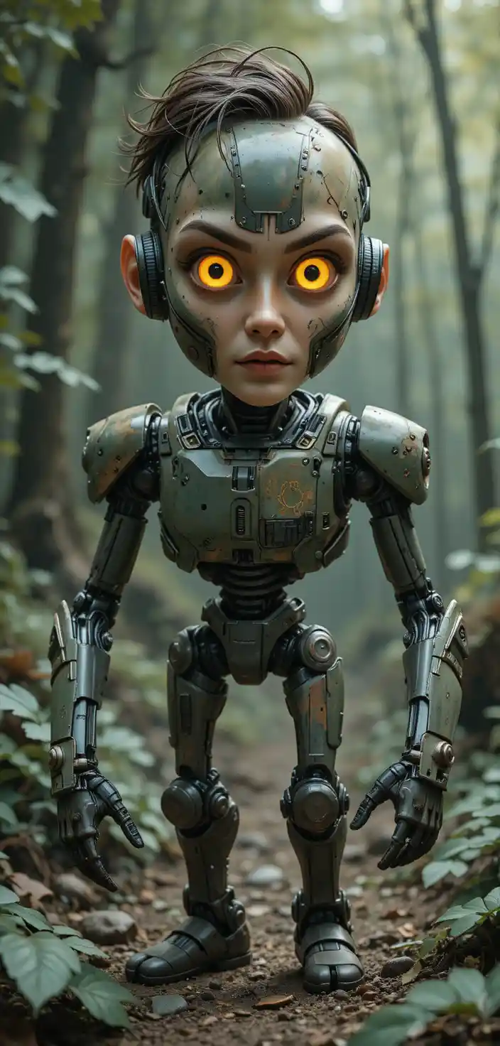 Robot umanoide in armatura mimetica in una foresta sci‑fi