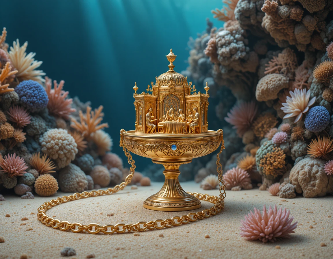 Golden chalice on ornate tray with coral reef backdrop