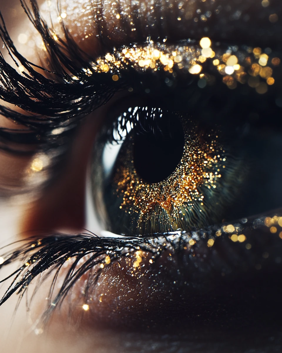 Extreme close up of glittering eyelashes and human eye