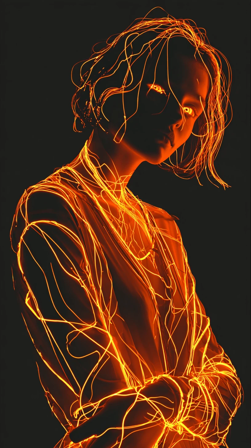 Neon orange haired anime woman dissolving into liquid light