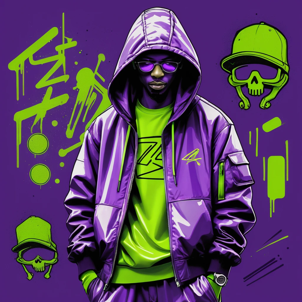 Graffiti character sketch with iridescent purple and green palette