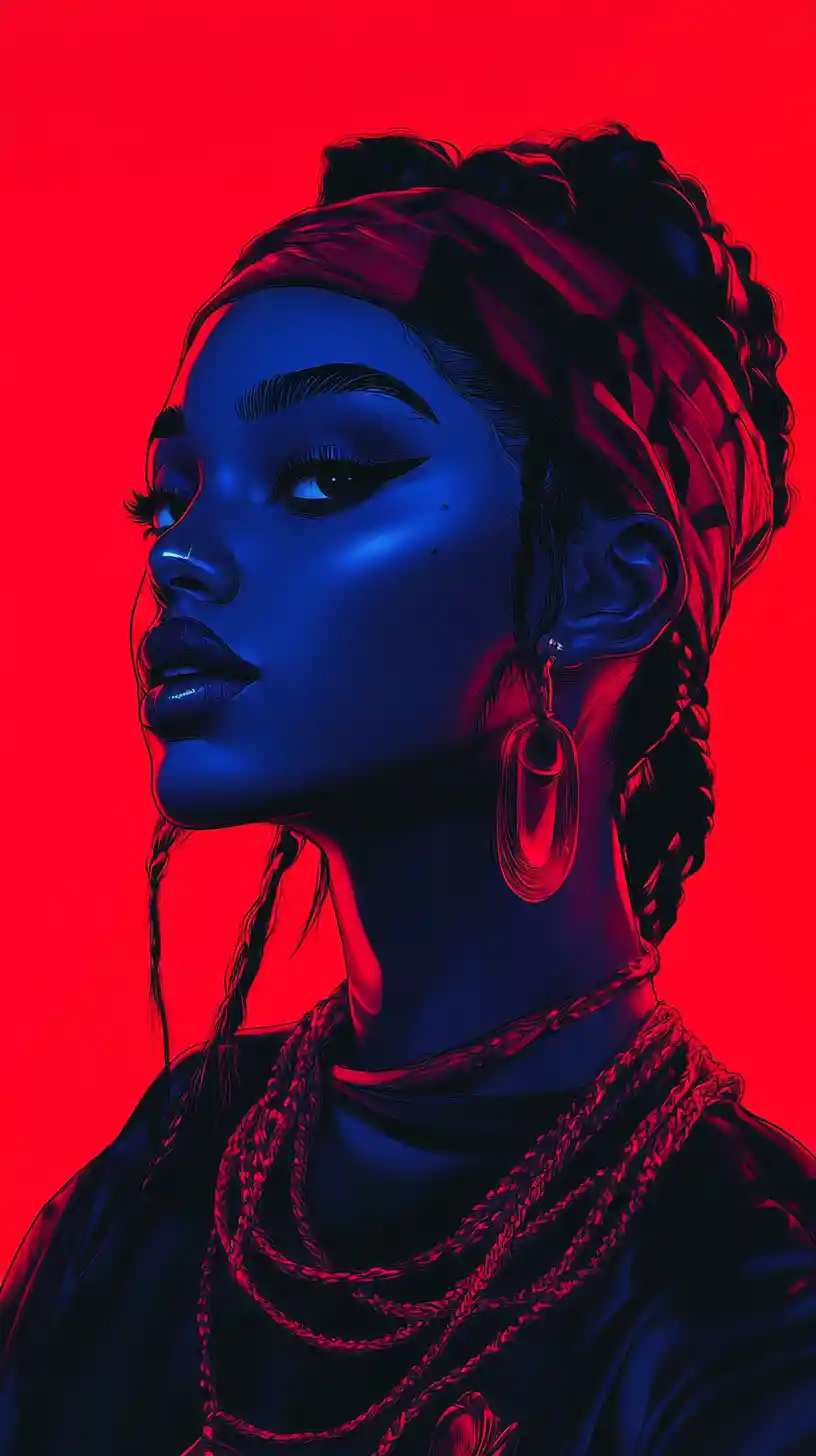 Blauhäutige Frau mit rotem Bandana und Tribal-Schmuck