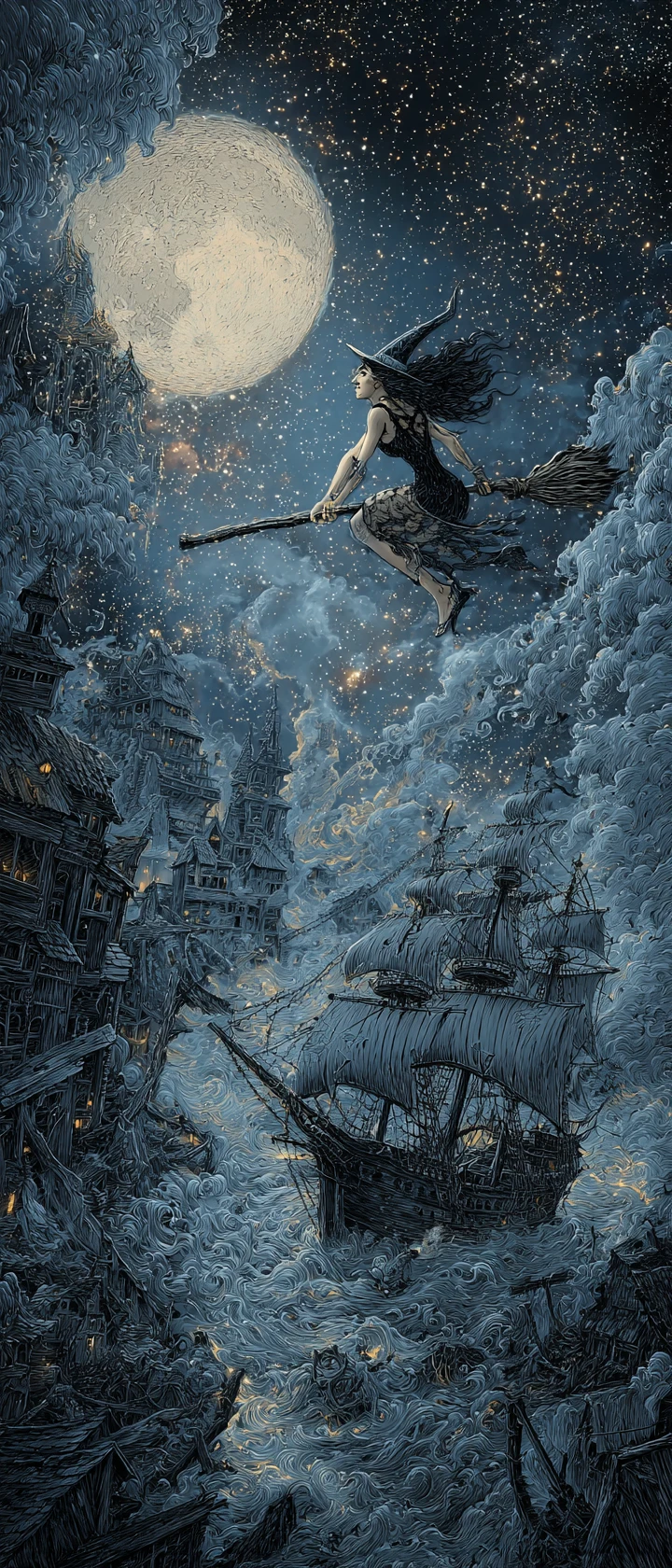 Bruja riendo volando a la luz de la luna sobre un océano oscuro