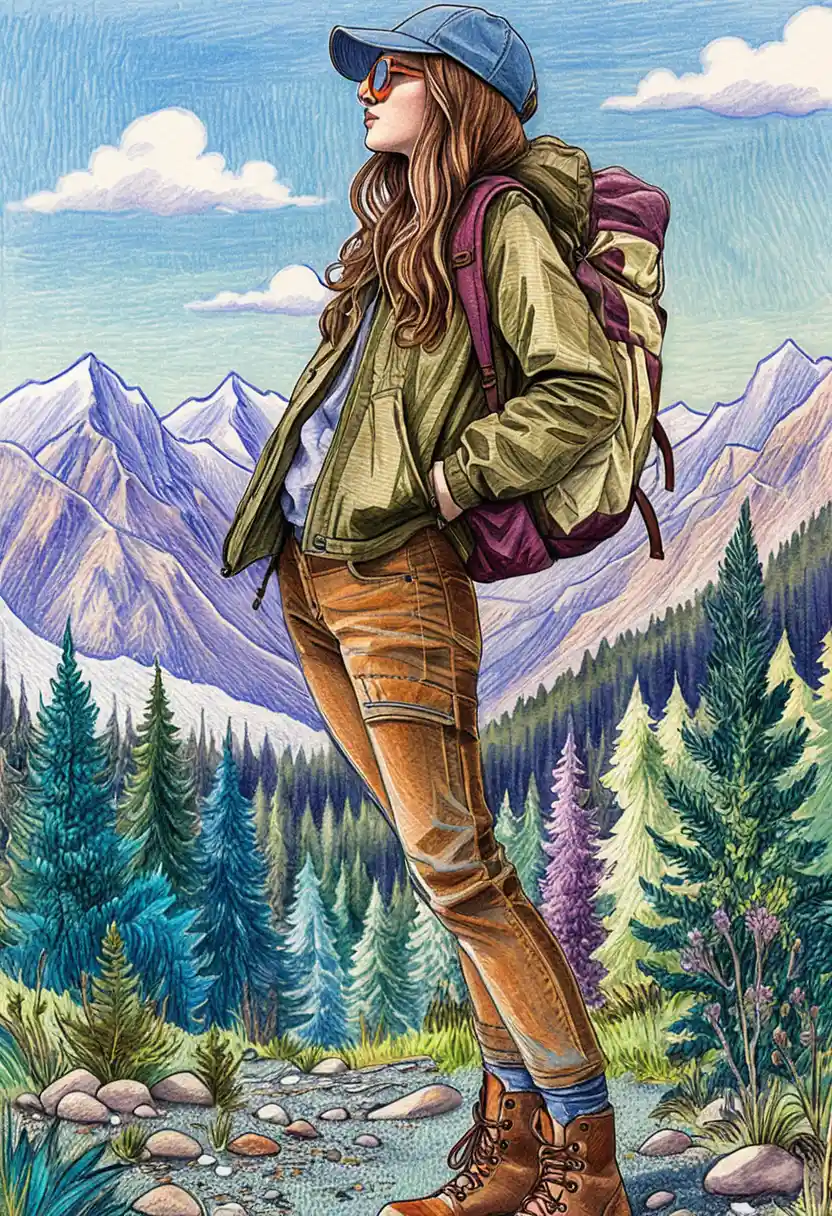 Jovem caminhante de perfil diante de picos de montanha distantes