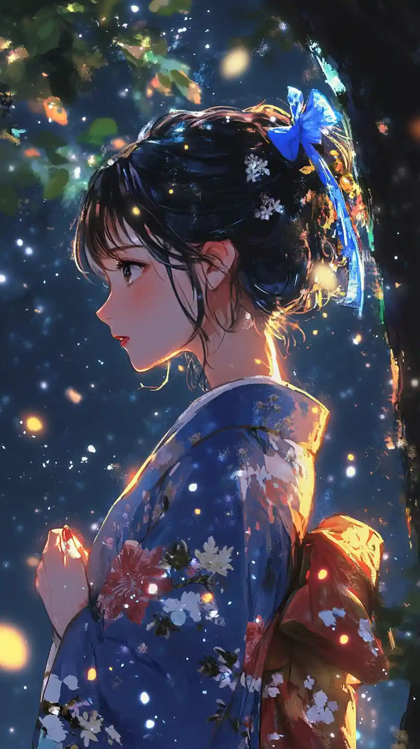 Ragazza anime in yukata sotto un albero luminoso in una notte d’estate