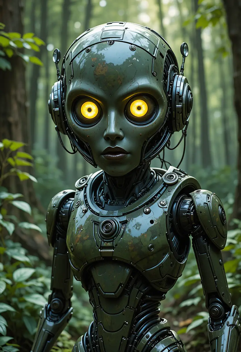 Robot umanoide in armatura mimetica in una foresta verde