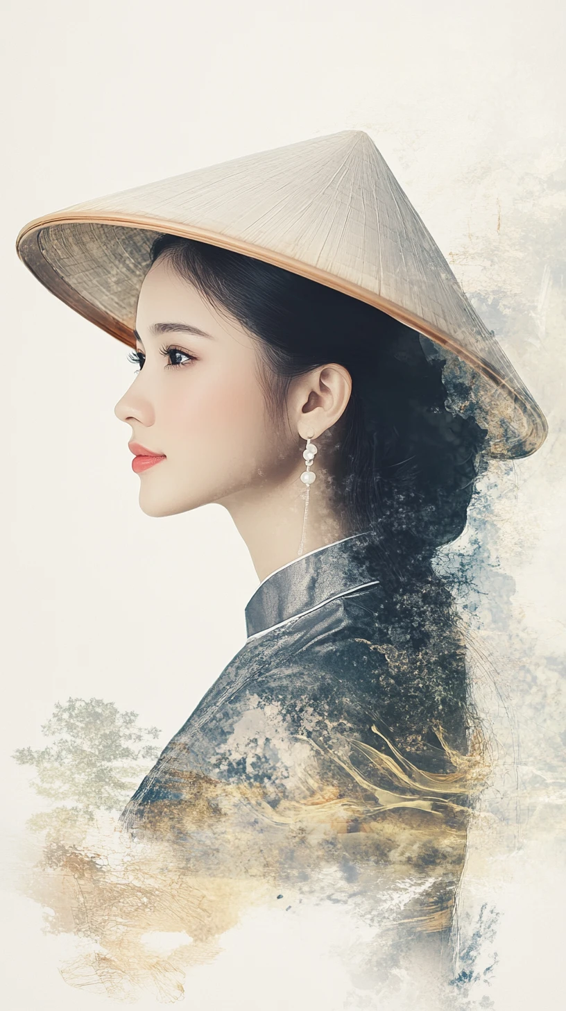 Serene Asian woman in conical hat dissolving into colorful paint