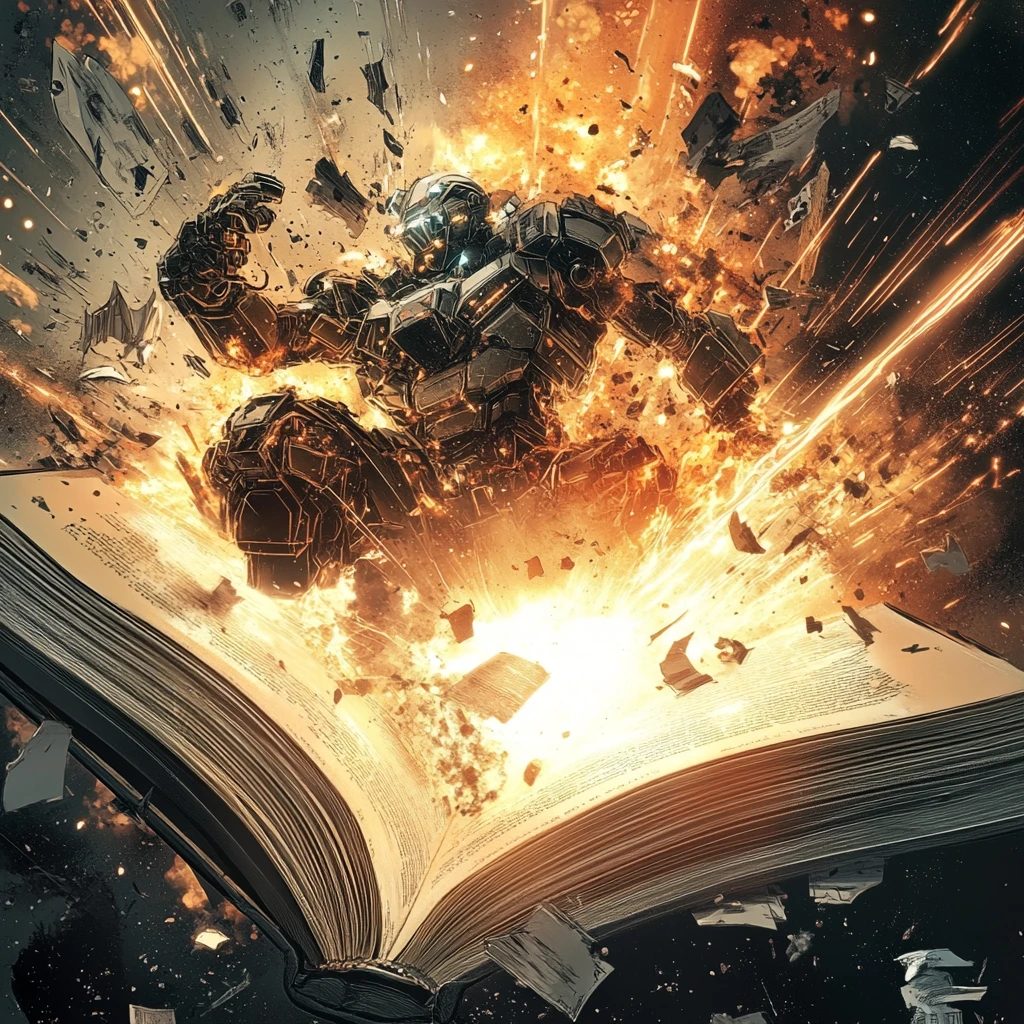 Armored knight battling a sci fi robot from open book
