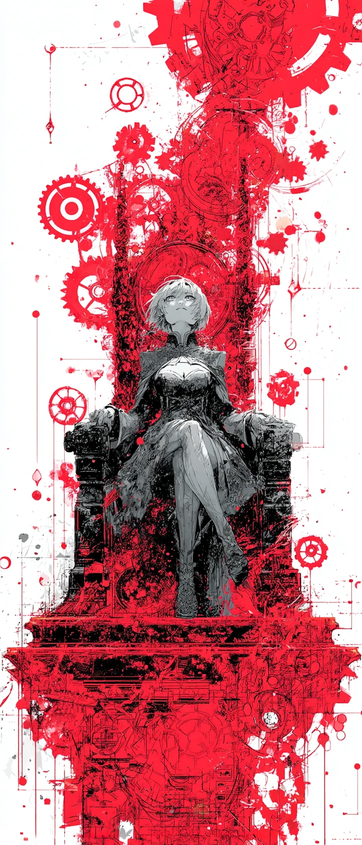 Anime queen on crumbling throne in swirling red rebellion collage