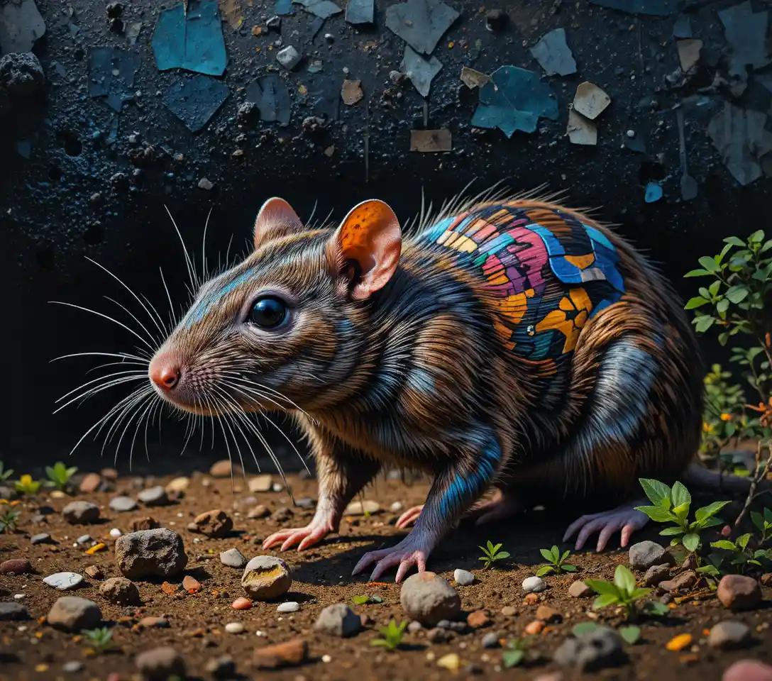 Brown rat close up on earthy forest floor in daylight