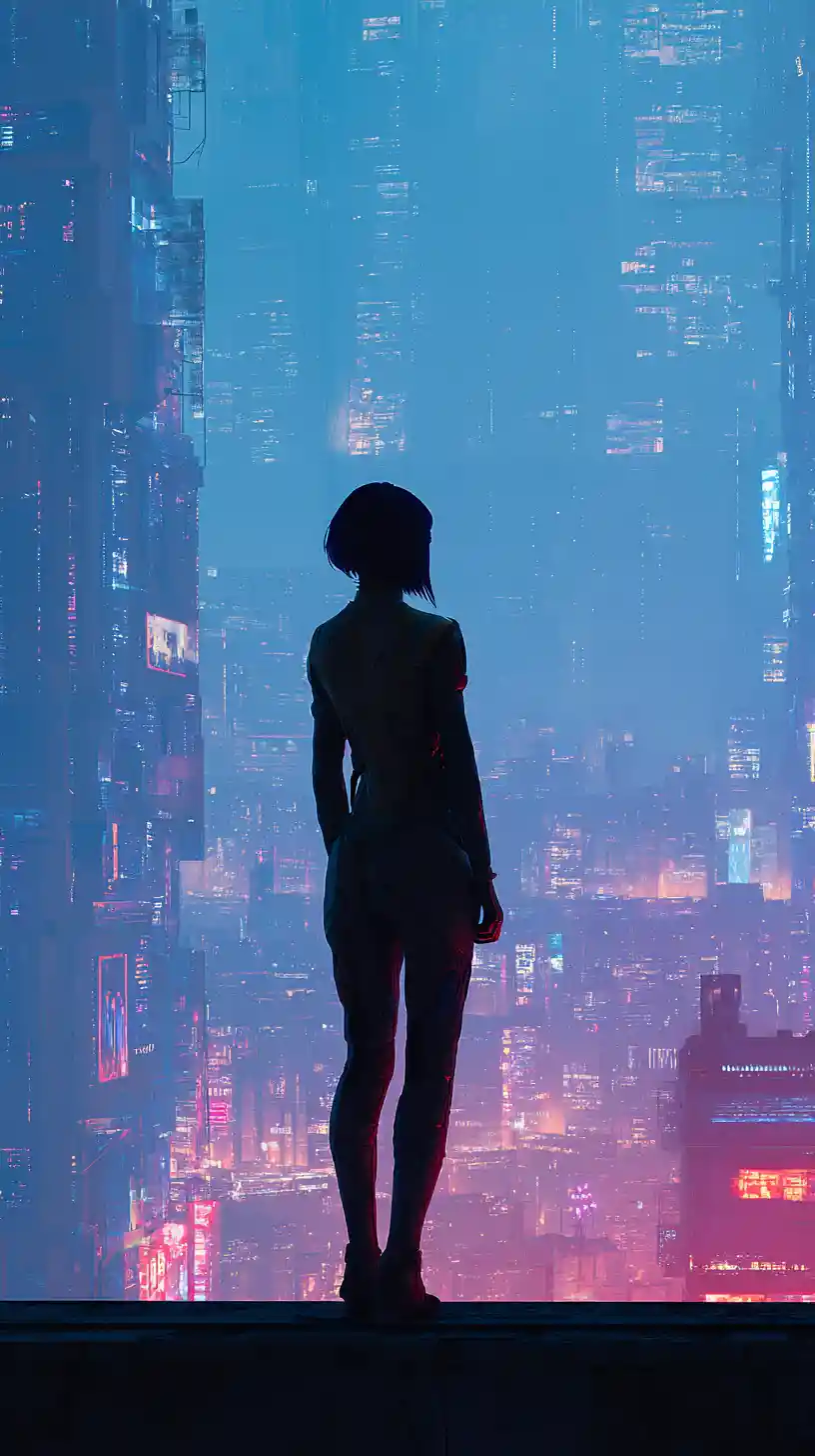 Silhouetted cybernetic woman overlooking neon futuristic city