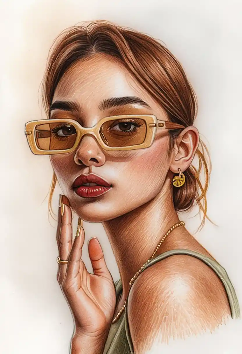 Porträt einer stylischen jungen Frau mit Retro-Sonnenbrille und Schmuck