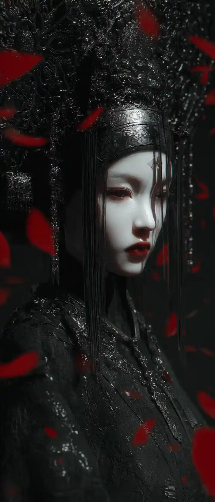 Weeping adamant woman statue in dark abstract space
