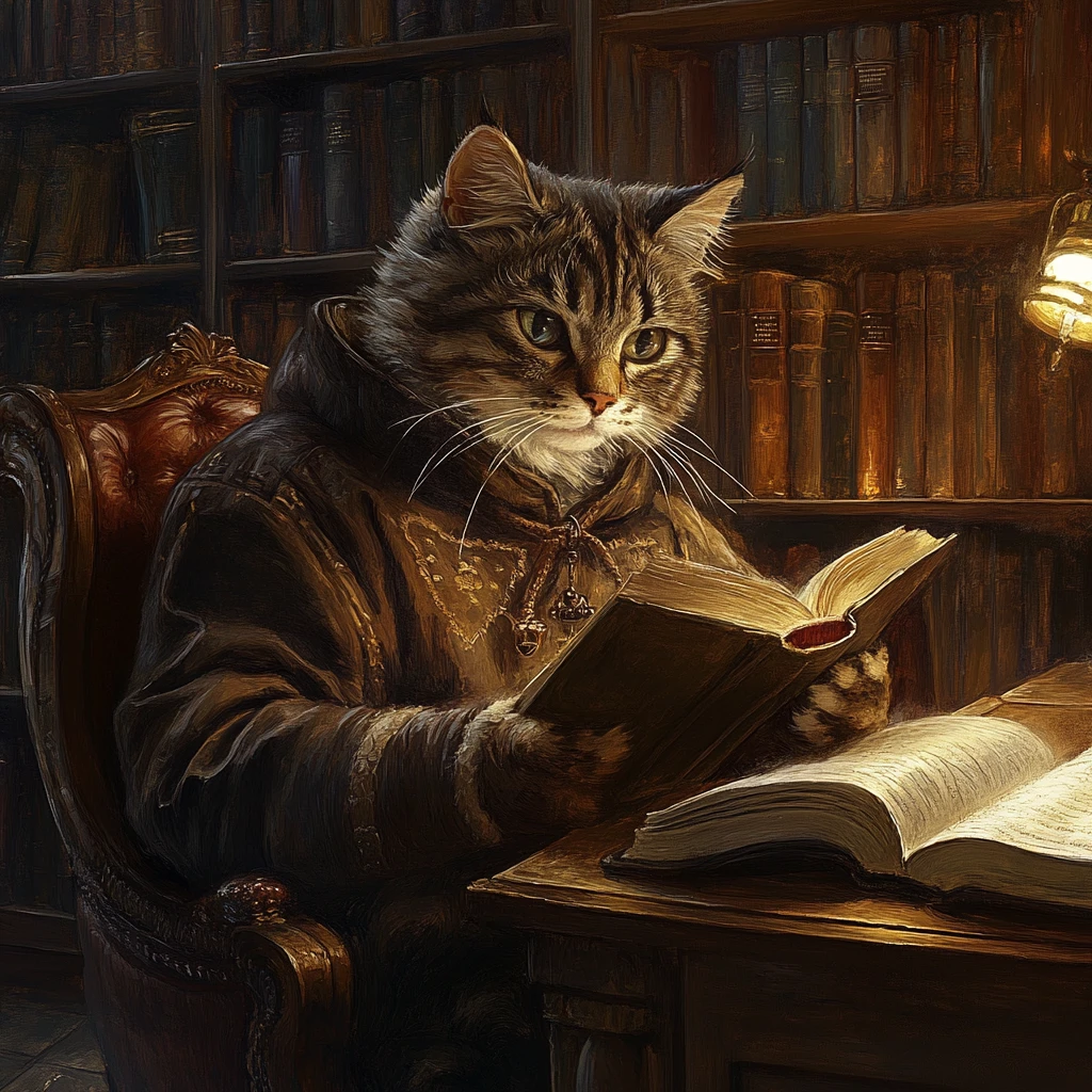 Gato elegante con monóculo leyendo en una biblioteca tenue y opulenta