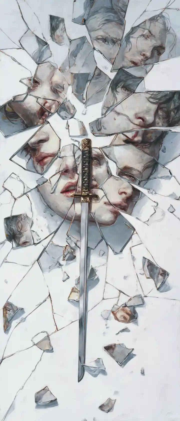Fragmentos de espejo cayendo reflejan rostros alrededor de una katana central