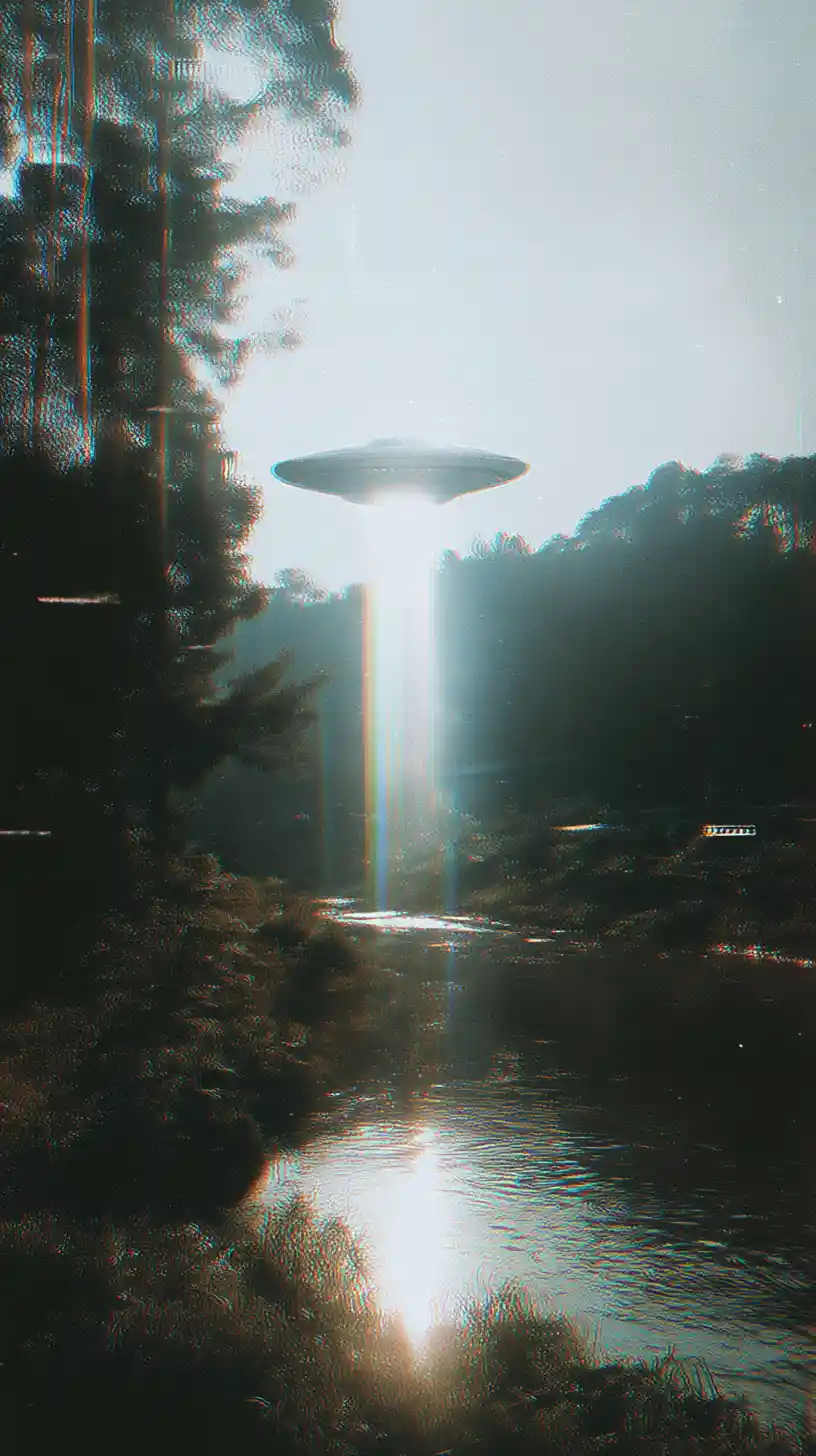 Analog photograph of ufo hovering above dense jungle canopy