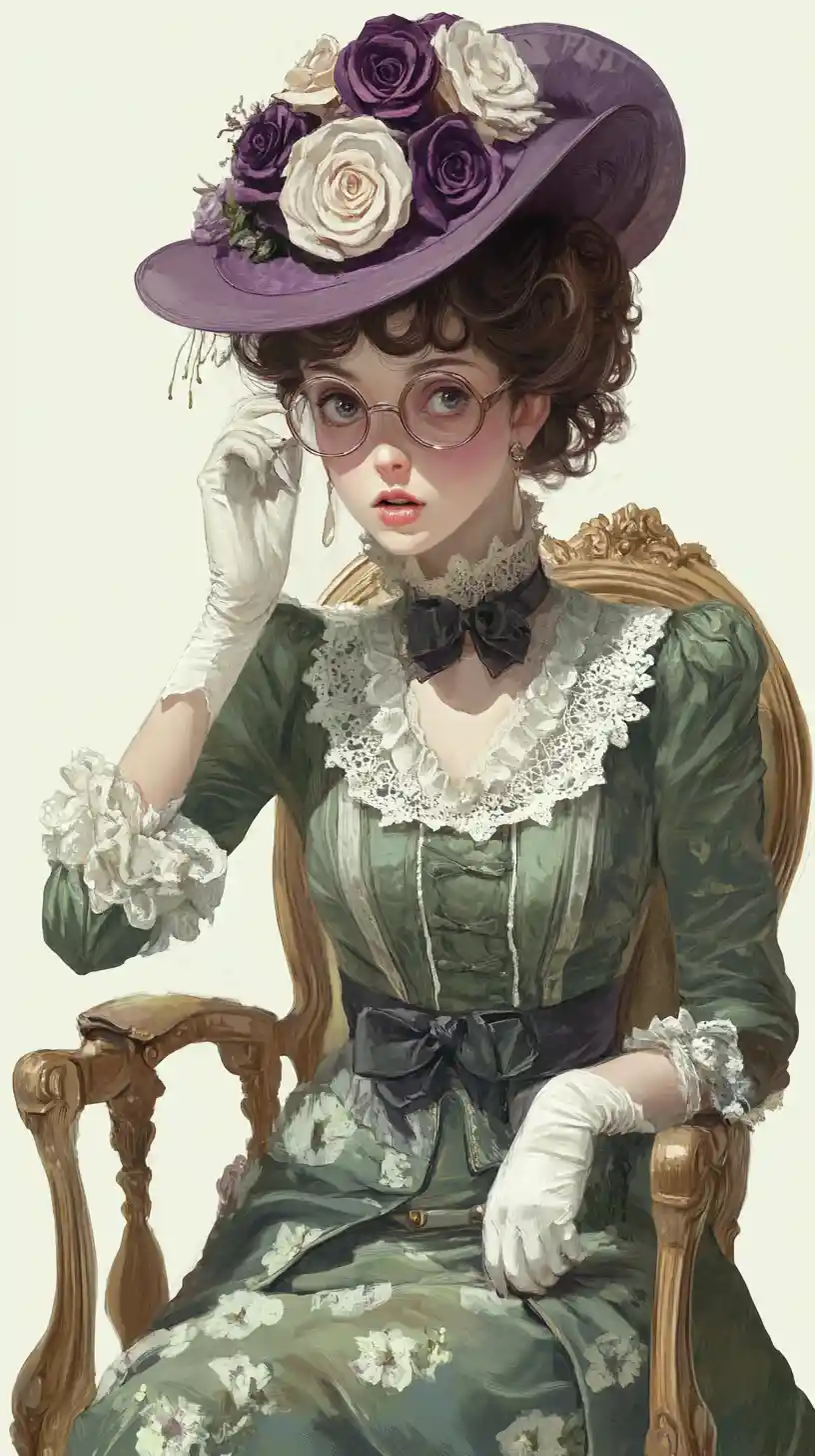 Victorian lady in green dress with surprised elegant gaze