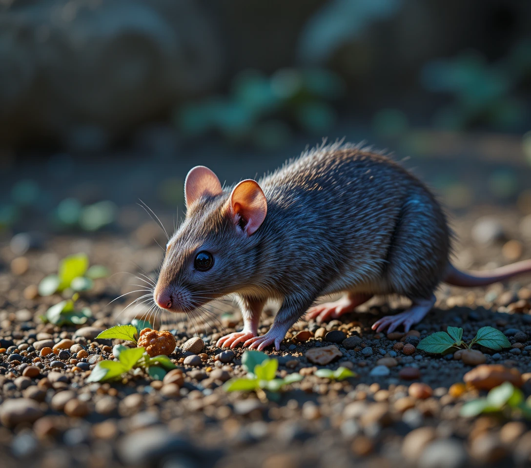 Close up brown rat searching for food on forest floor