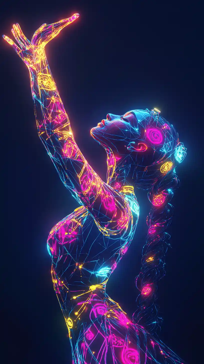 Neon outlined dancing woman in glowing abstract void