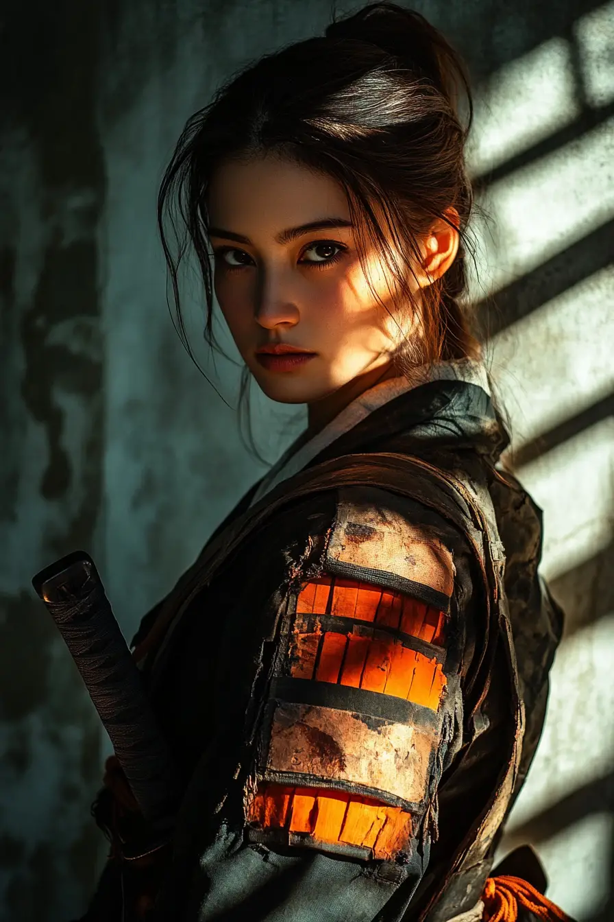Mystical warrior woman in futuristic samurai inspired armor