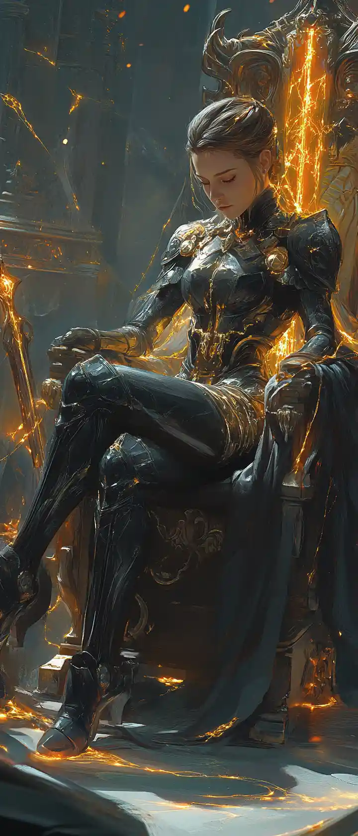 Melancholic paladin heroine on a throne with glowing sword