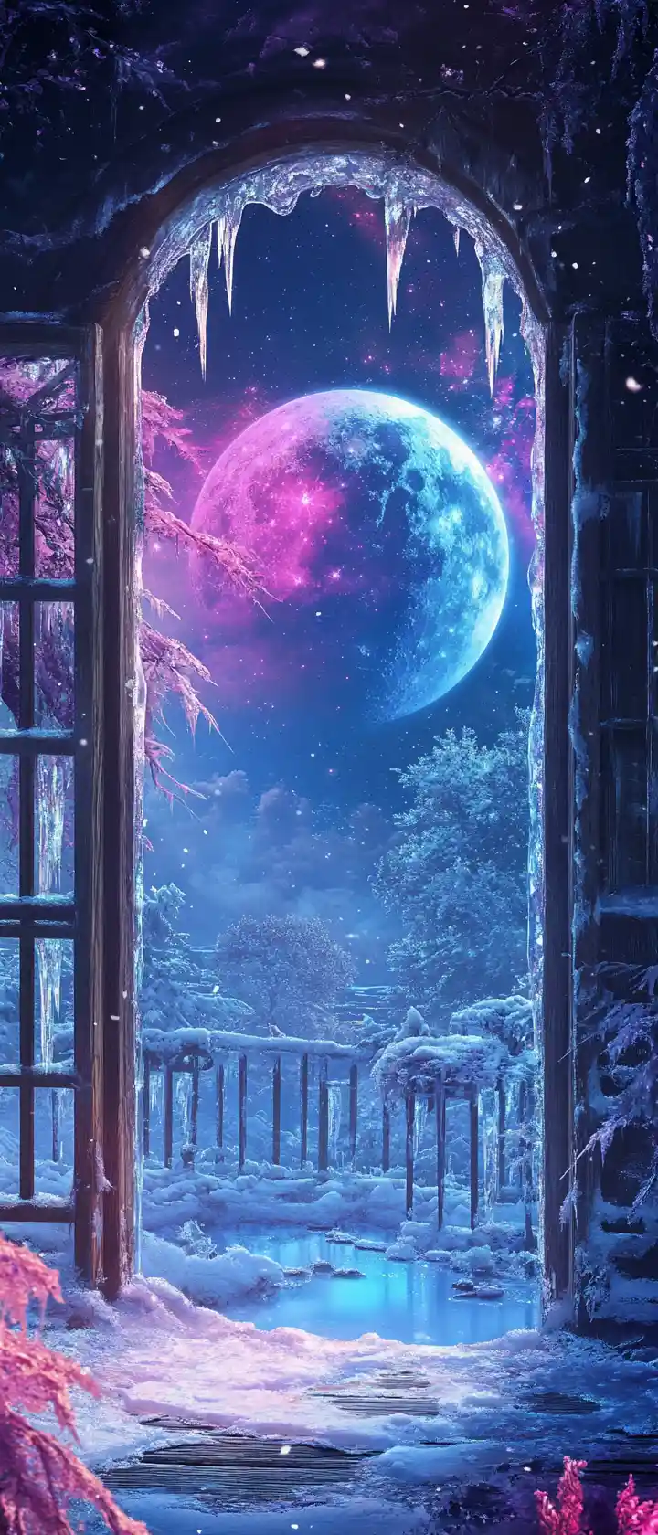 Moonlit winter garden seen through a wooden window