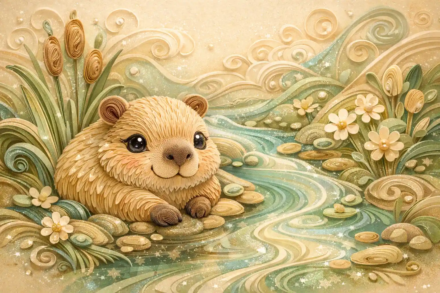 Dolce Cucciolo di Capibara in Paper Quilling Accanto a un Ruscello Tranquillo
