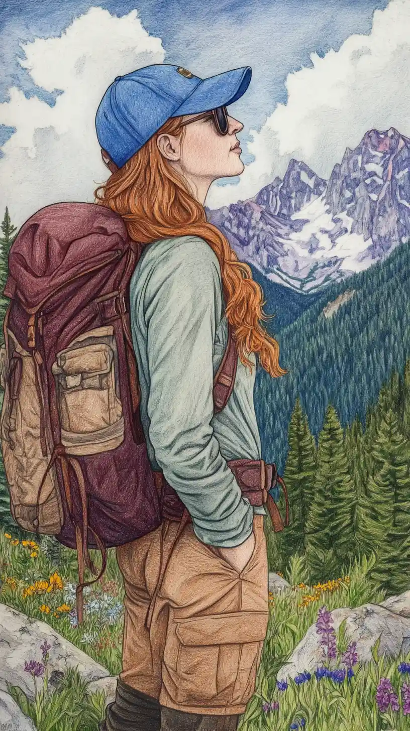 Young woman hiker in profile before distant mountain landscape