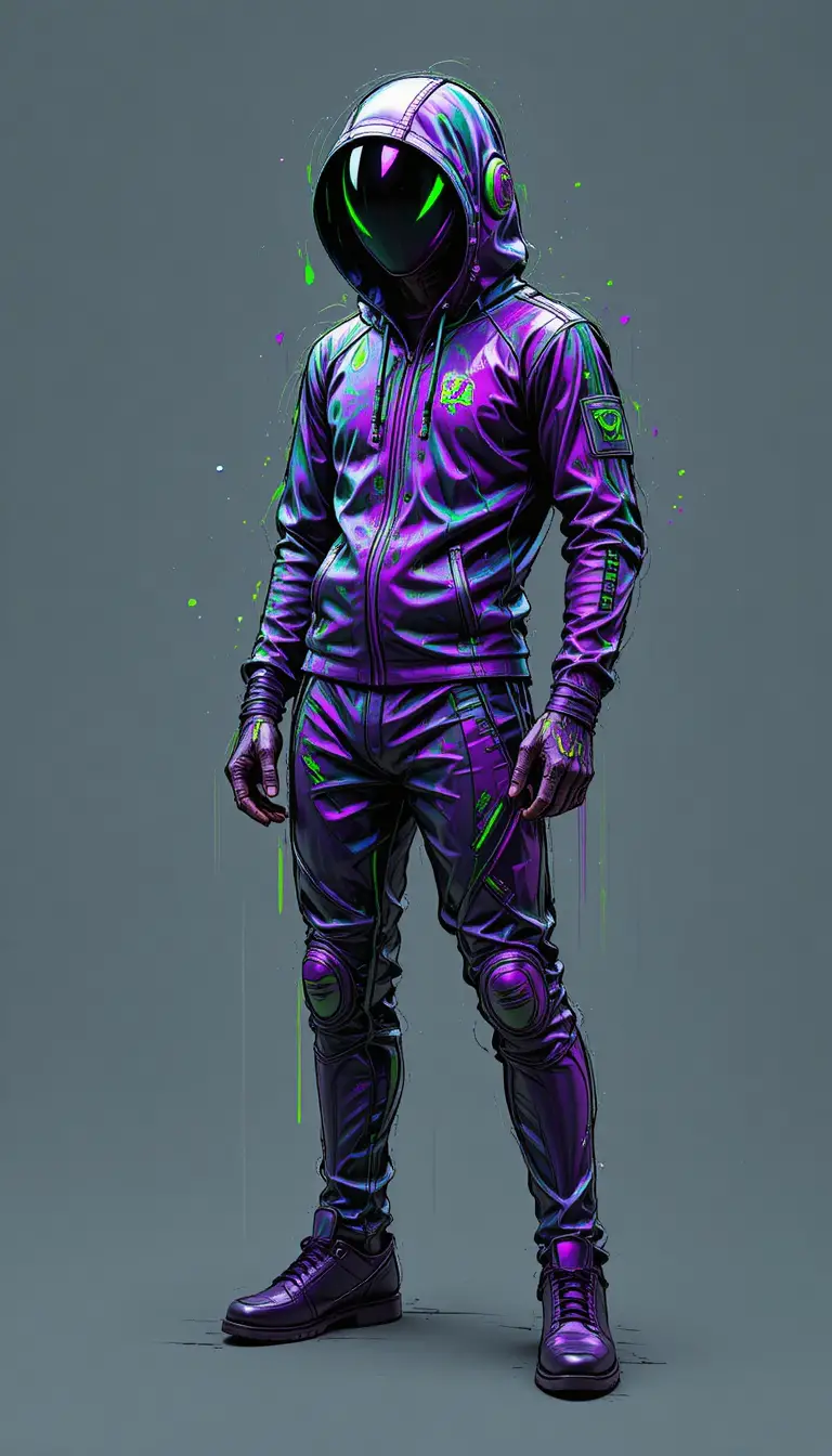 Graffiti character sketch in purple and acid green concept art