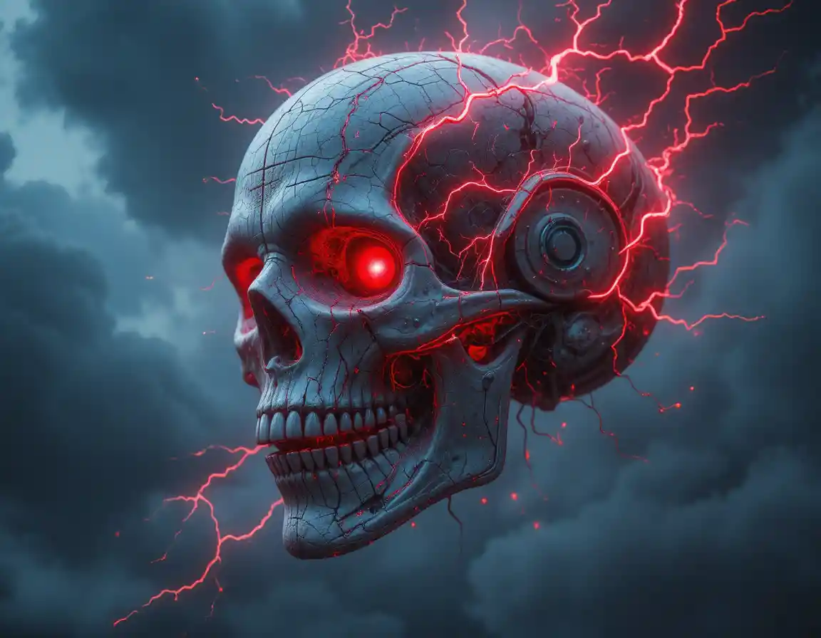 Electrified cracked skull glowing in a dark stormy sky