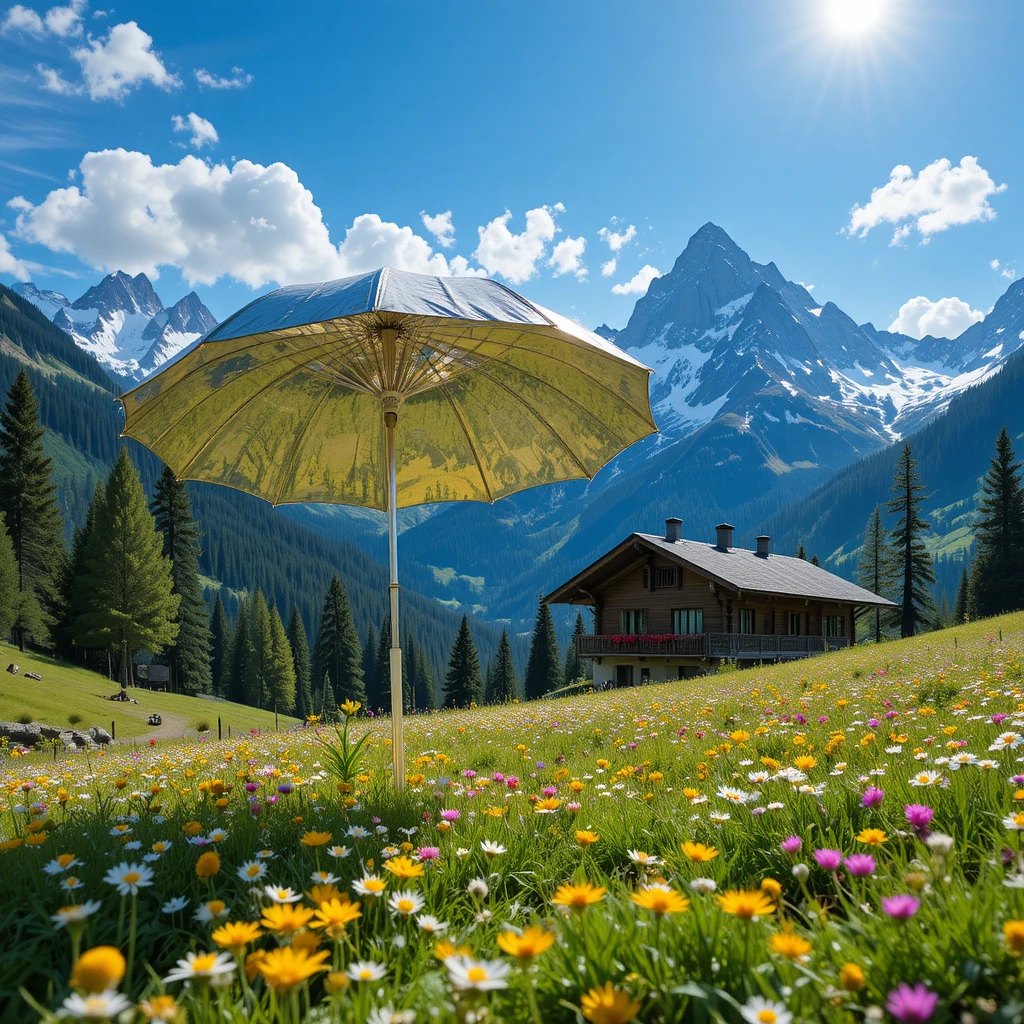 Reflective umbrella in a sunny alpine mountain meadow