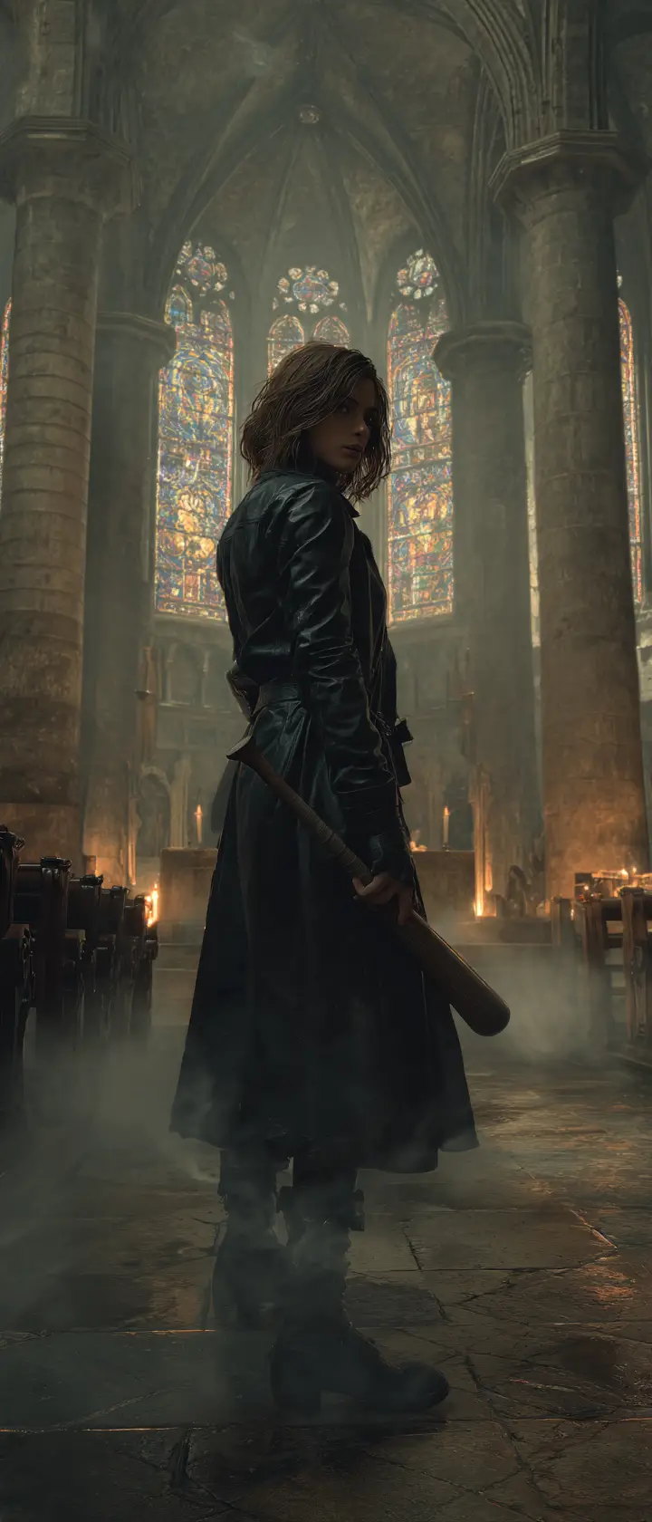 Woman with bat in fog inside gothic church nave