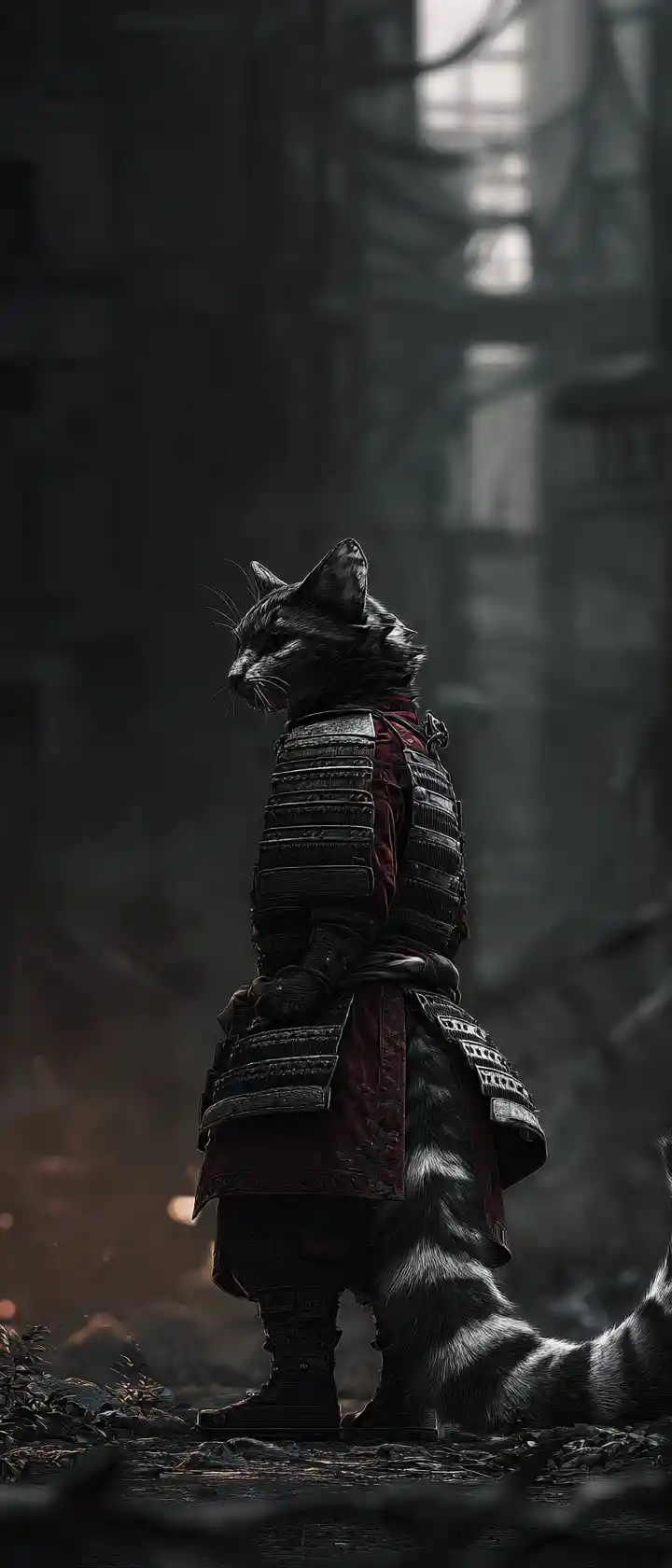 Samurai cat in armor facing a ruined winter city