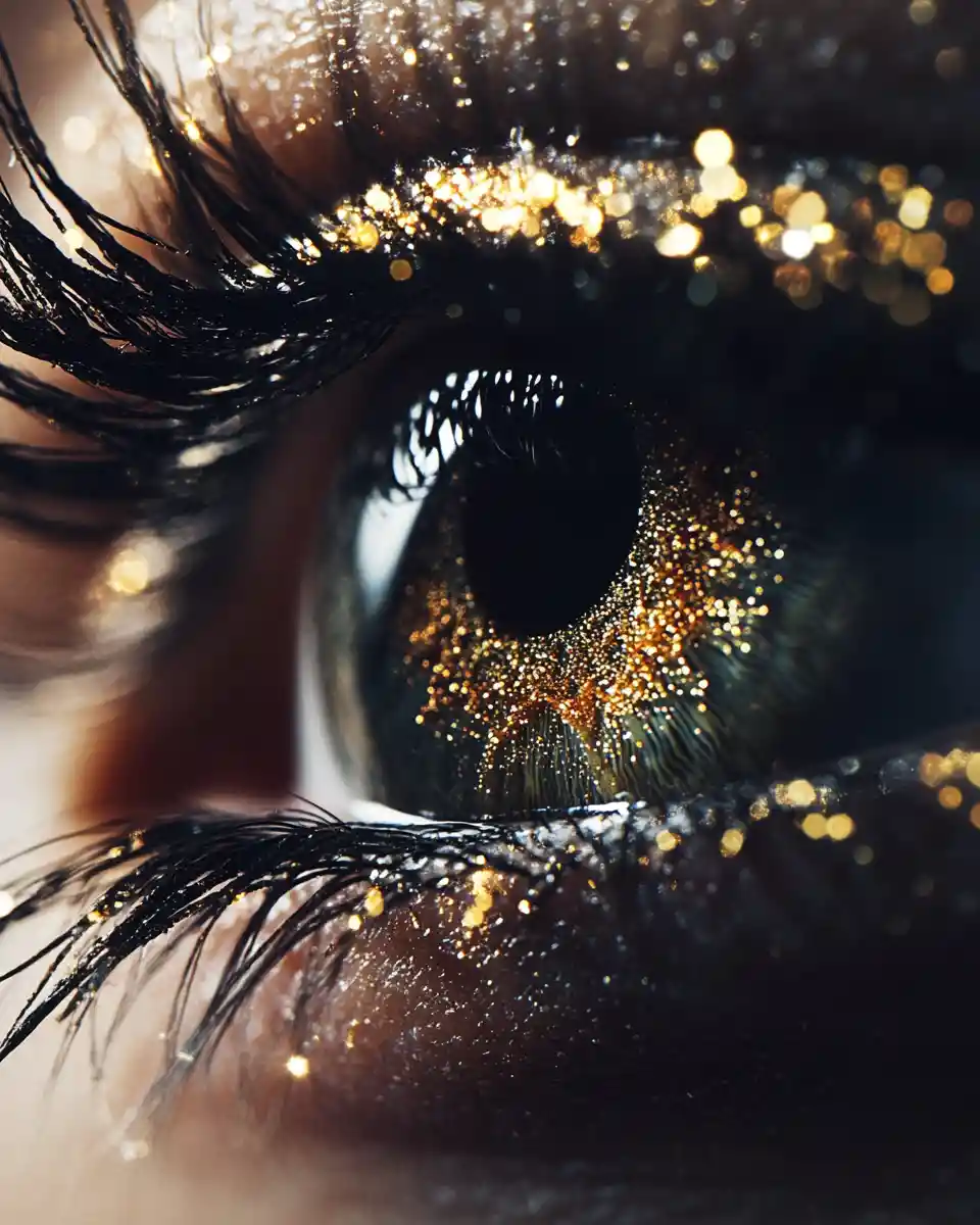 Extremes Nahaufnahme-Makro von glitzernden Wimpern und menschlichem Auge