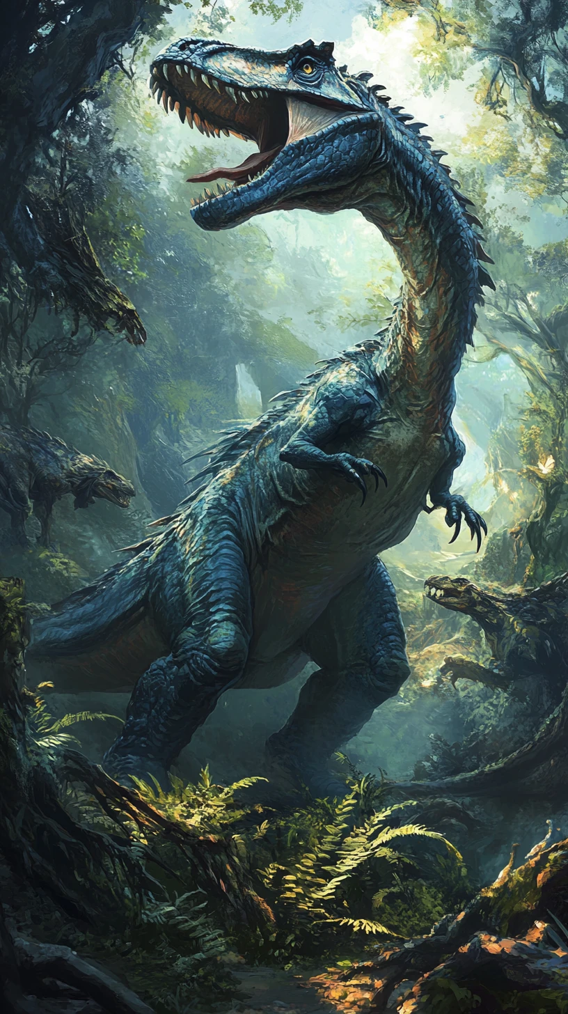 Colorful dinosaurs with varied features and nesting eggs