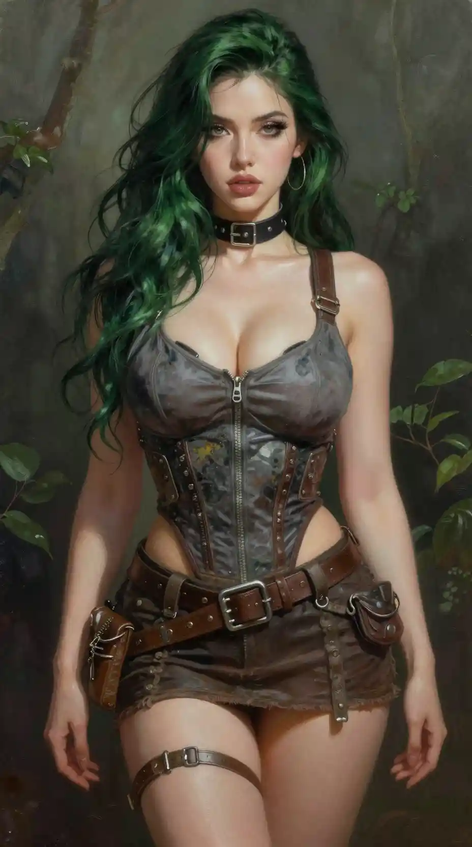 Busty green haired woman in ecopunk outfit in nature