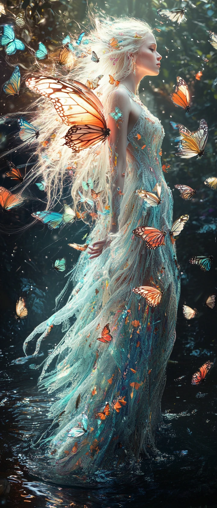 Hada sin alas rodeada de mariposas luminosas en el agua