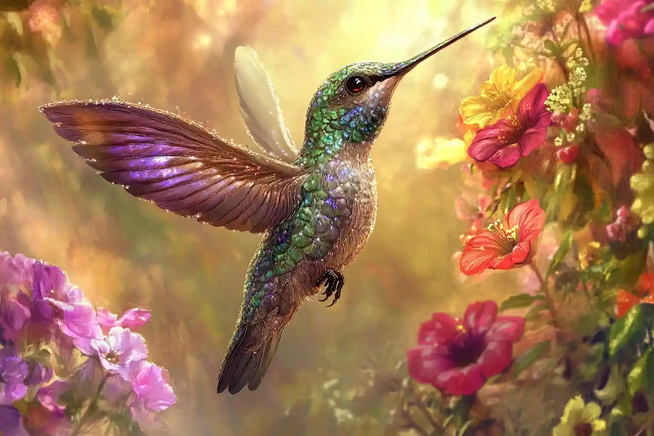 Colibrì ricamato che volteggia tra i fiori in un giardino rigoglioso