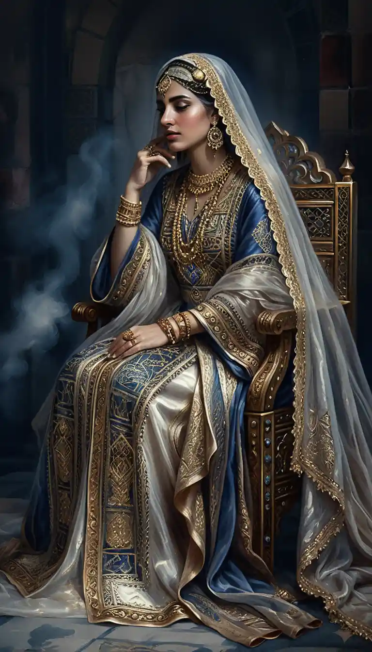 Elegante arabische Frau in prunkvoller zeremonieller Kleidung und Schleier