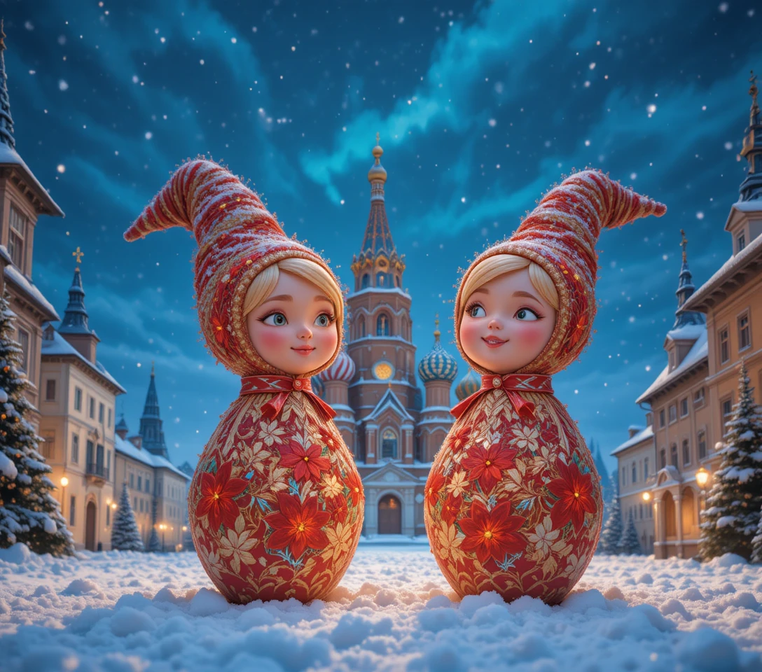 Festive matryoshka dolls with Christmas lights in snowy Moscow