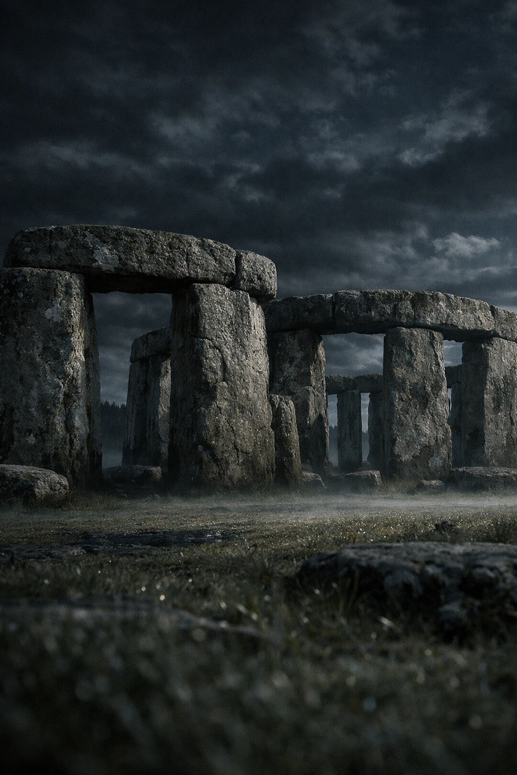 Moonlit stone circles rising from a misty grass field